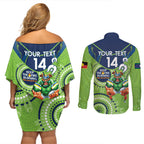 Custom NRL Raiders NAIDOC Week Couples Matching Off Shoulder Short Dress and Long Sleeve Button Shirt Keep The Fire Burning Indigenous Art
