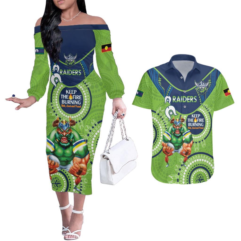 Custom NRL Raiders NAIDOC Week Couples Matching Off The Shoulder Long Sleeve Dress and Hawaiian Shirt Keep The Fire Burning Indigenous Art