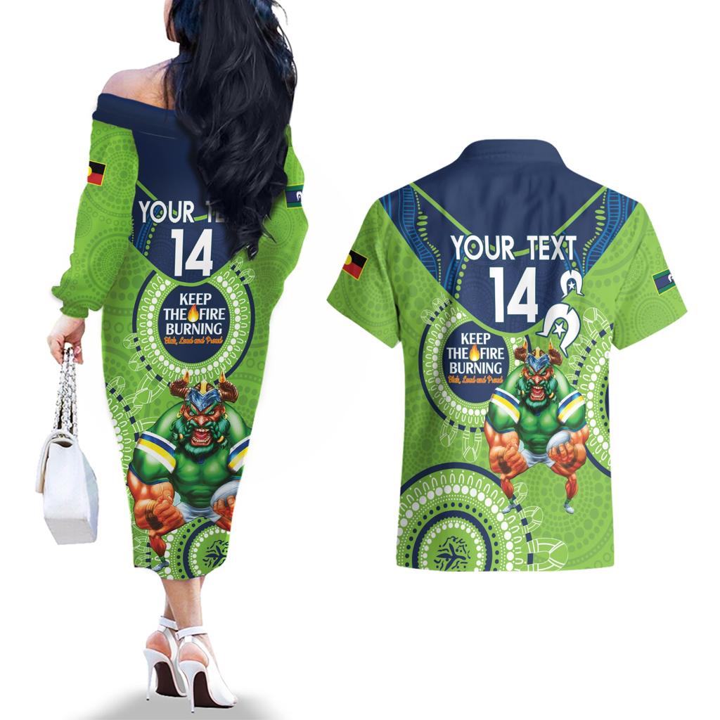 Custom NRL Raiders NAIDOC Week Couples Matching Off The Shoulder Long Sleeve Dress and Hawaiian Shirt Keep The Fire Burning Indigenous Art
