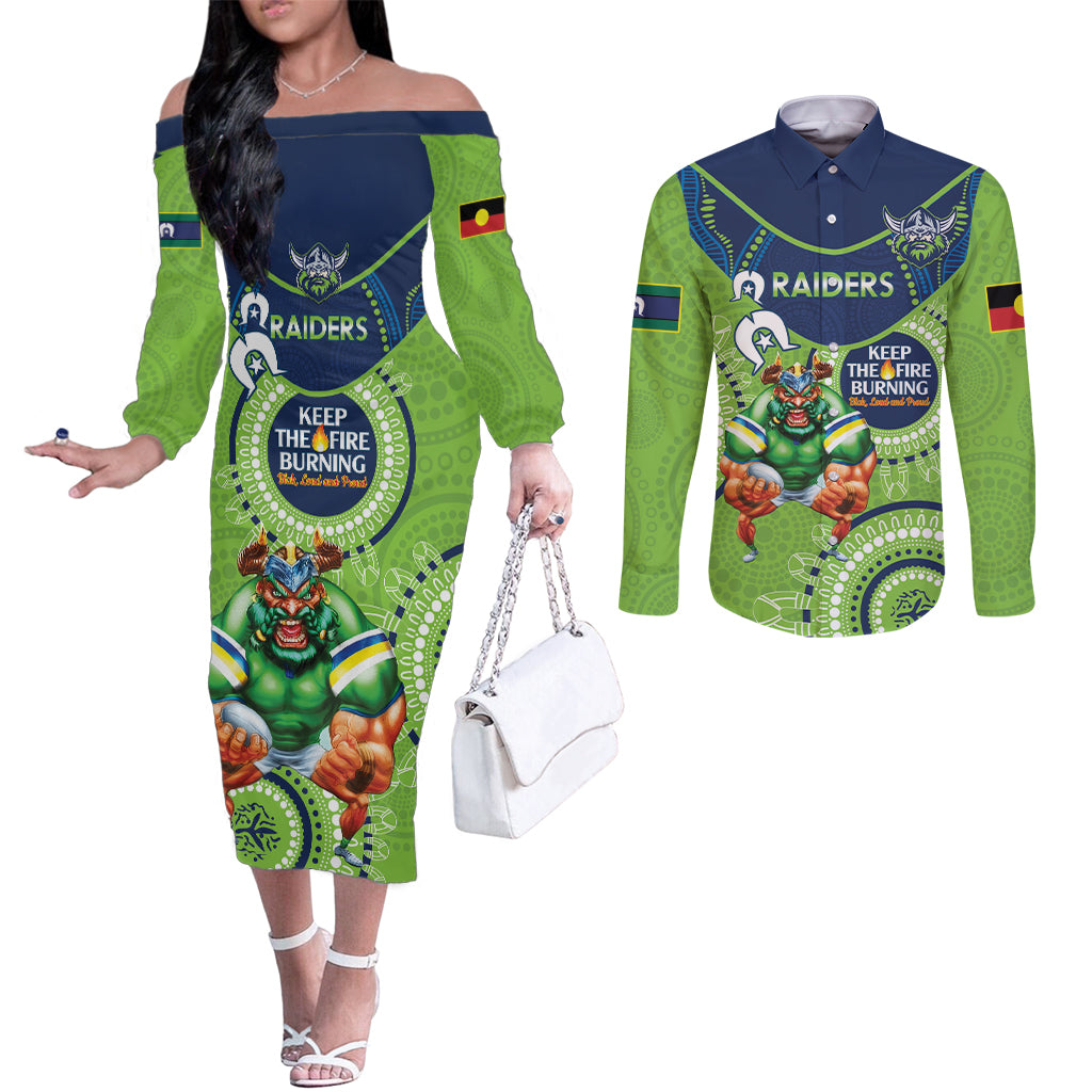 Custom NRL Raiders NAIDOC Week Couples Matching Off The Shoulder Long Sleeve Dress and Long Sleeve Button Shirt Keep The Fire Burning Indigenous Art