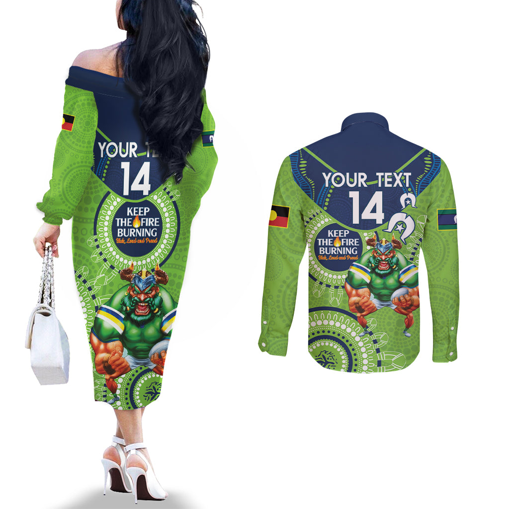 Custom NRL Raiders NAIDOC Week Couples Matching Off The Shoulder Long Sleeve Dress and Long Sleeve Button Shirt Keep The Fire Burning Indigenous Art