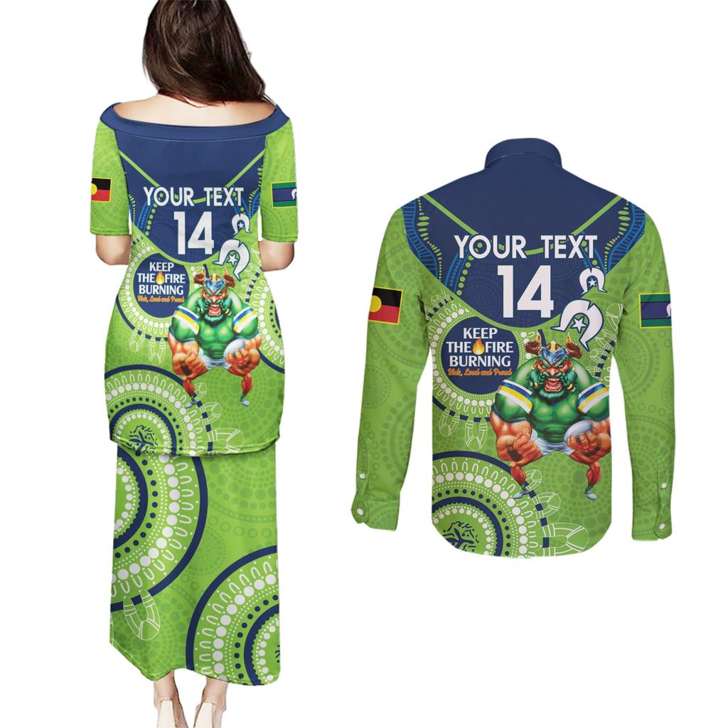 Custom NRL Raiders NAIDOC Week Couples Matching Puletasi and Long Sleeve Button Shirt Keep The Fire Burning Indigenous Art
