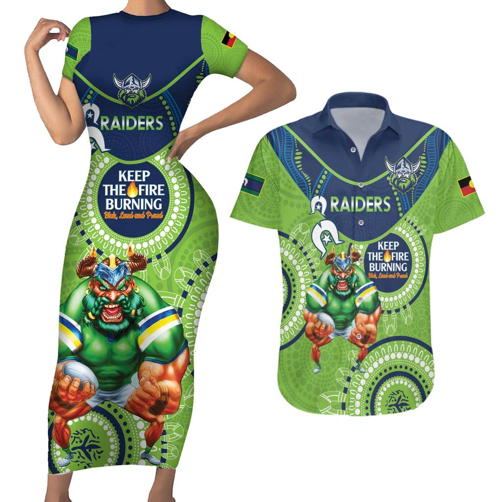 Custom NRL Raiders NAIDOC Week Couples Matching Short Sleeve Bodycon Dress and Hawaiian Shirt Keep The Fire Burning Indigenous Art