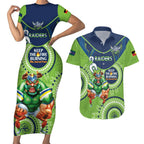 Custom NRL Raiders NAIDOC Week Couples Matching Short Sleeve Bodycon Dress and Hawaiian Shirt Keep The Fire Burning Indigenous Art