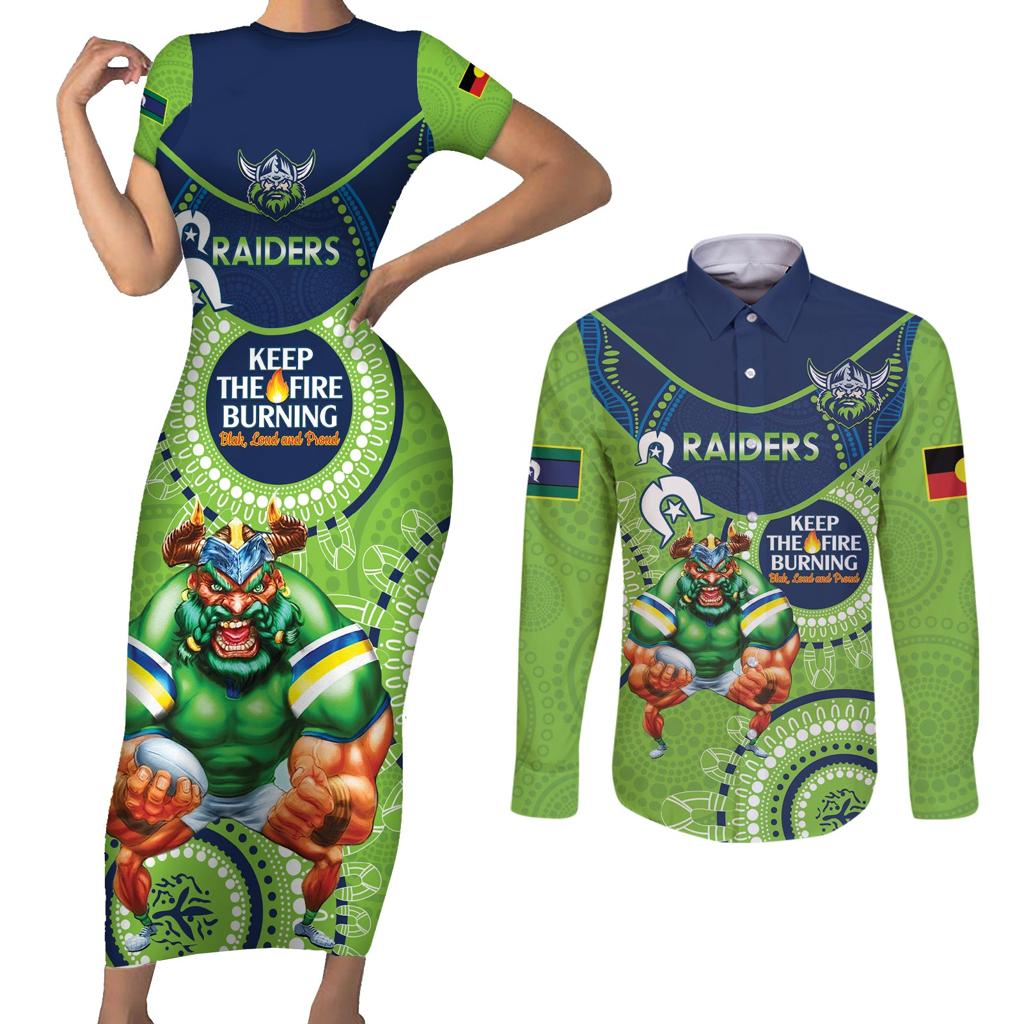 Custom NRL Raiders NAIDOC Week Couples Matching Short Sleeve Bodycon Dress and Long Sleeve Button Shirt Keep The Fire Burning Indigenous Art