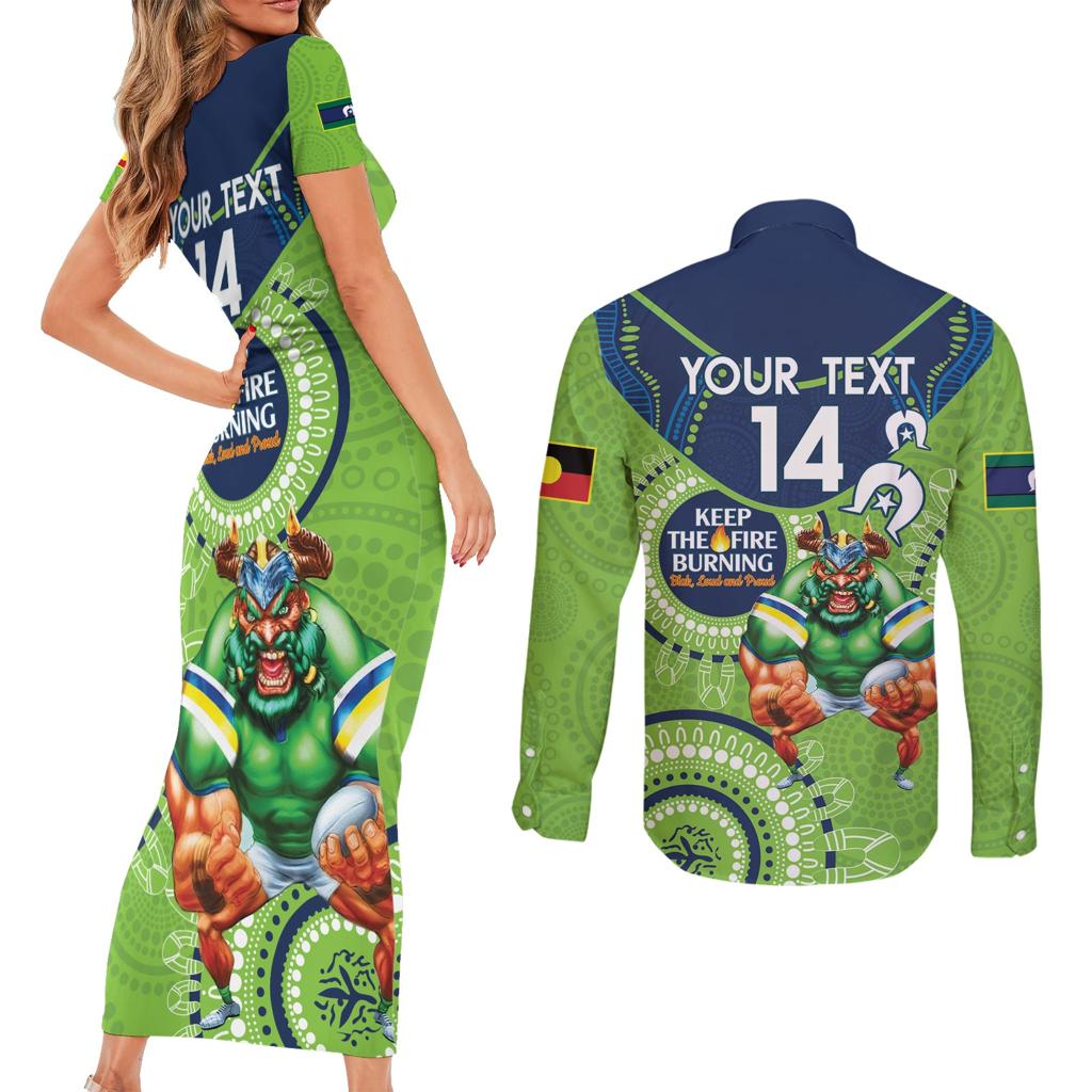 Custom NRL Raiders NAIDOC Week Couples Matching Short Sleeve Bodycon Dress and Long Sleeve Button Shirt Keep The Fire Burning Indigenous Art