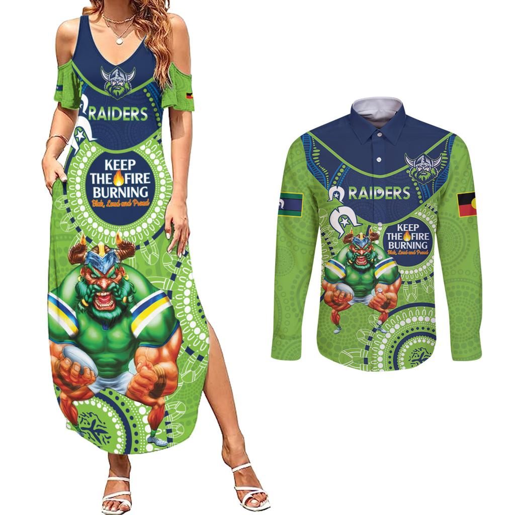 Custom NRL Raiders NAIDOC Week Couples Matching Summer Maxi Dress and Long Sleeve Button Shirt Keep The Fire Burning Indigenous Art