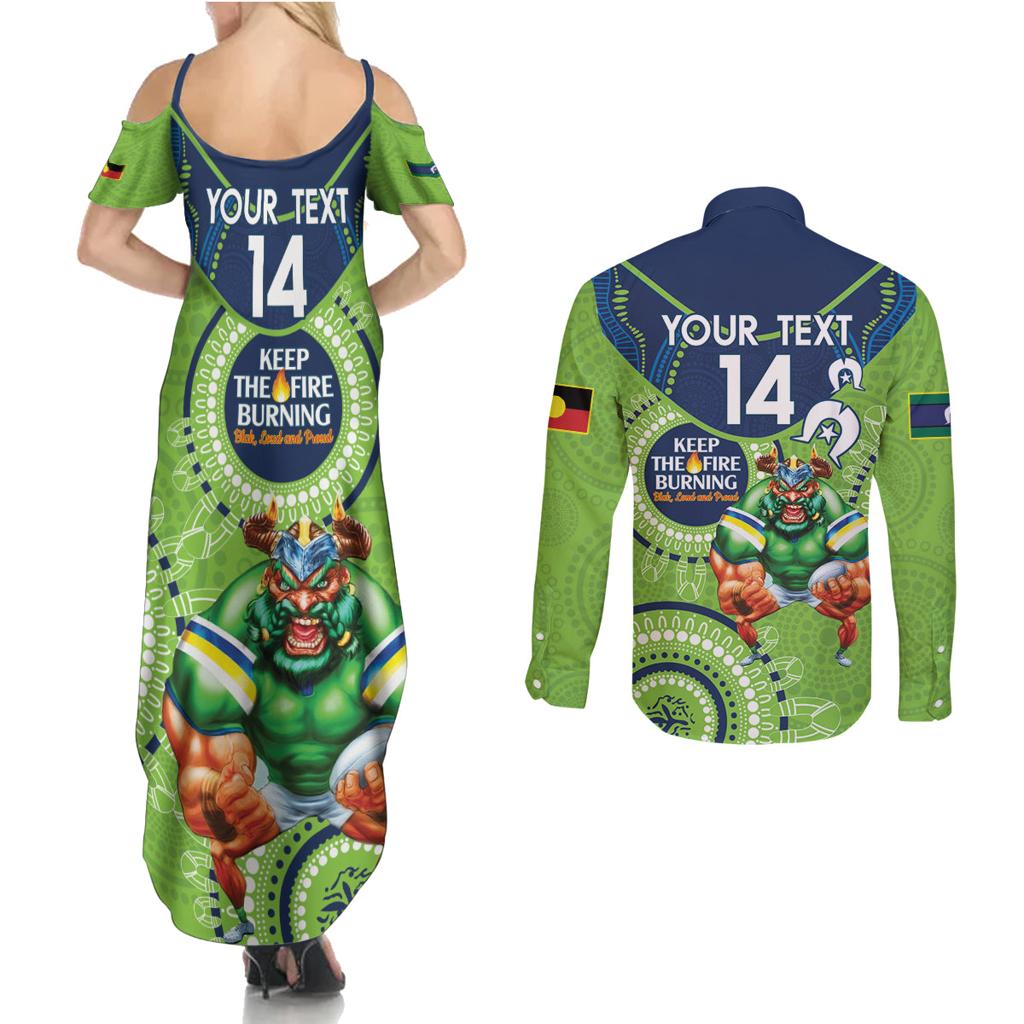 Custom NRL Raiders NAIDOC Week Couples Matching Summer Maxi Dress and Long Sleeve Button Shirt Keep The Fire Burning Indigenous Art