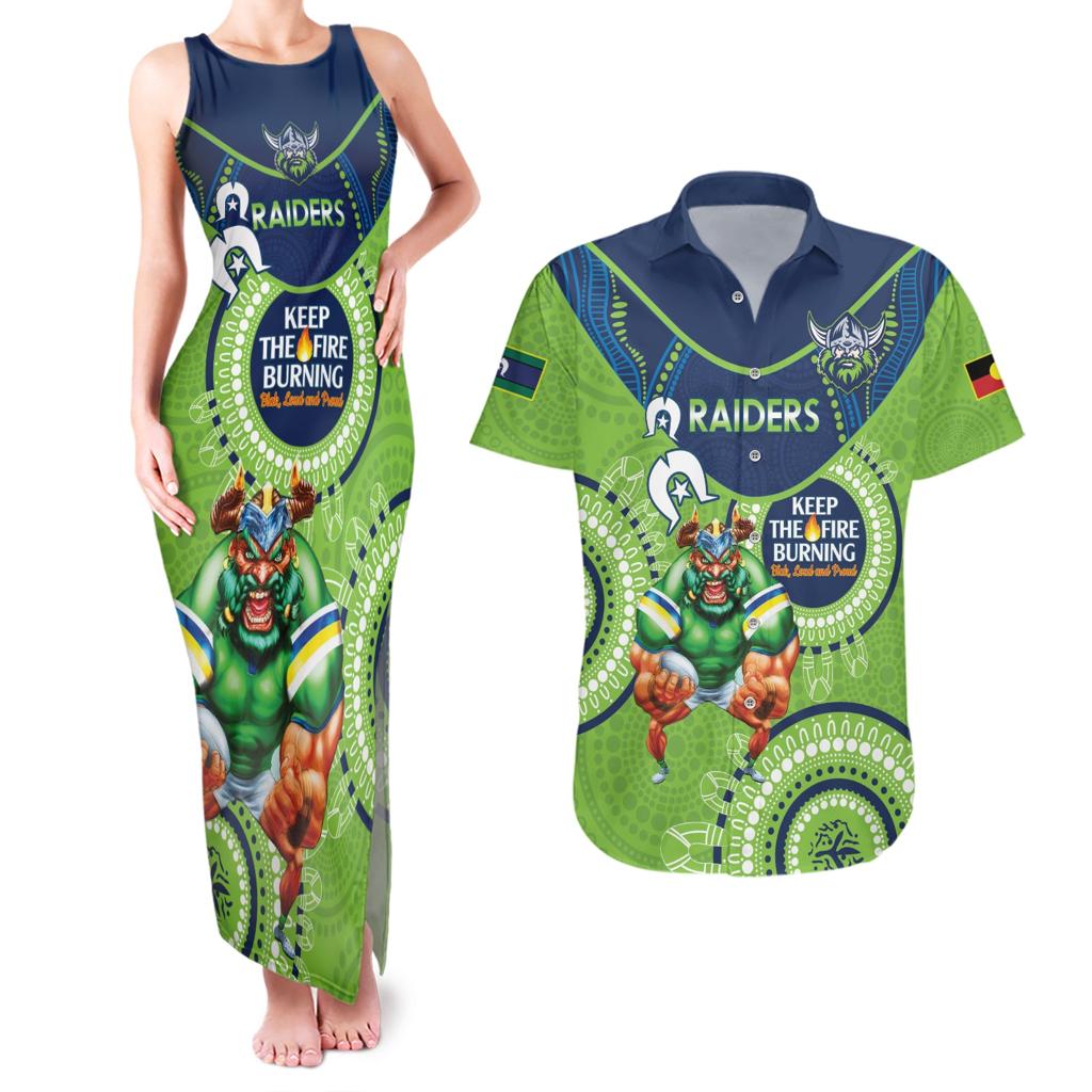 Custom NRL Raiders NAIDOC Week Couples Matching Tank Maxi Dress and Hawaiian Shirt Keep The Fire Burning Indigenous Art