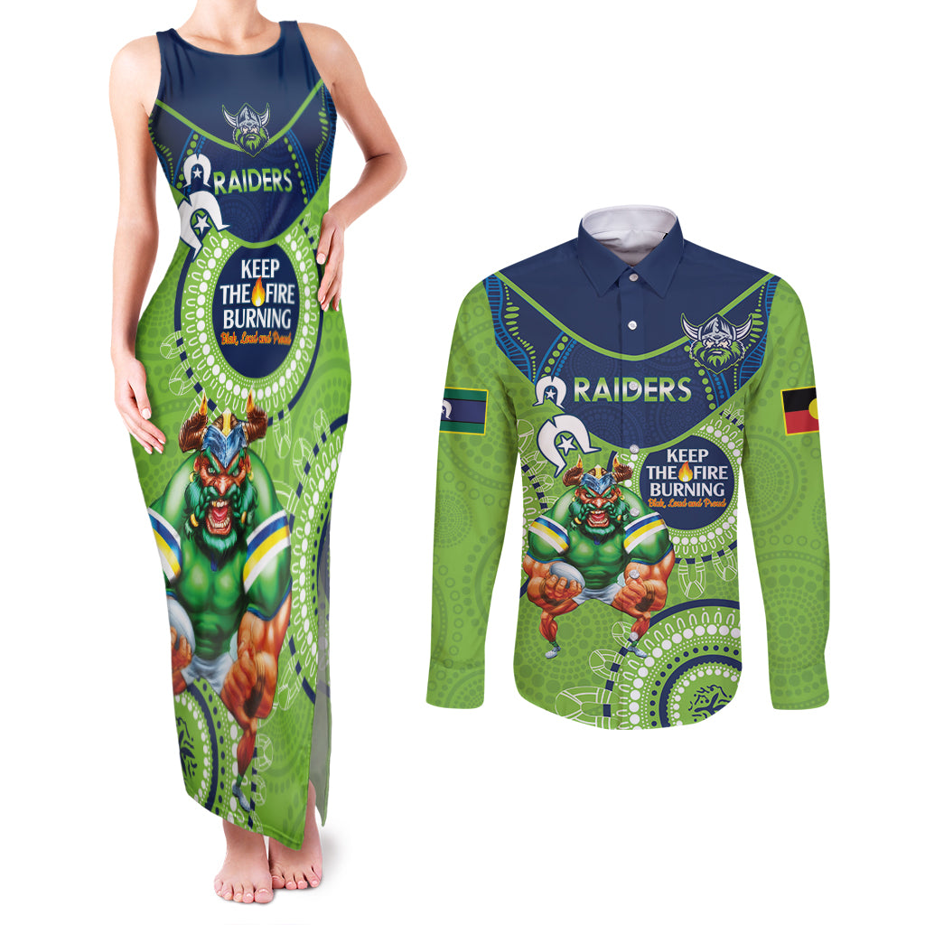Custom NRL Raiders NAIDOC Week Couples Matching Tank Maxi Dress and Long Sleeve Button Shirt Keep The Fire Burning Indigenous Art