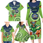 Custom NRL Raiders NAIDOC Week Family Matching Long Sleeve Bodycon Dress and Hawaiian Shirt Keep The Fire Burning Indigenous Art