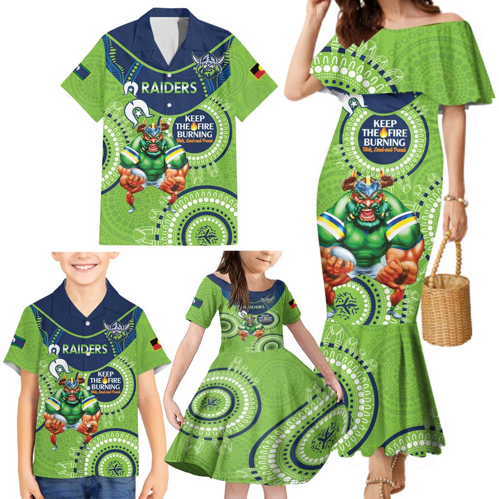 Custom NRL Raiders NAIDOC Week Family Matching Mermaid Dress and Hawaiian Shirt Keep The Fire Burning Indigenous Art