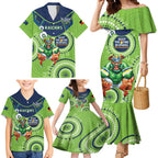 Custom NRL Raiders NAIDOC Week Family Matching Mermaid Dress and Hawaiian Shirt Keep The Fire Burning Indigenous Art