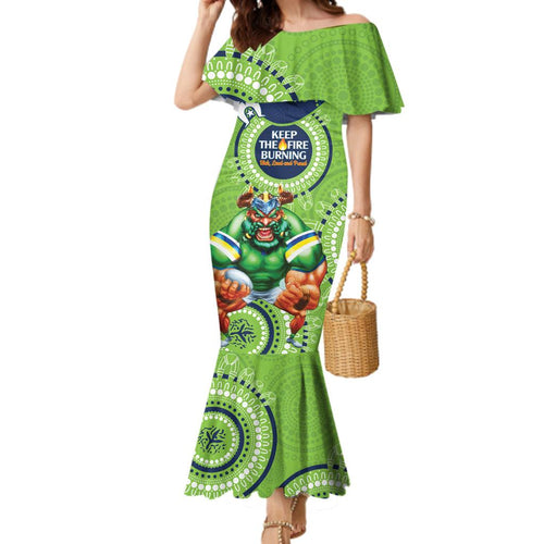 Custom NRL Raiders NAIDOC Week Family Matching Mermaid Dress and Hawaiian Shirt Keep The Fire Burning Indigenous Art