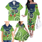 Custom NRL Raiders NAIDOC Week Family Matching Off The Shoulder Long Sleeve Dress and Hawaiian Shirt Keep The Fire Burning Indigenous Art