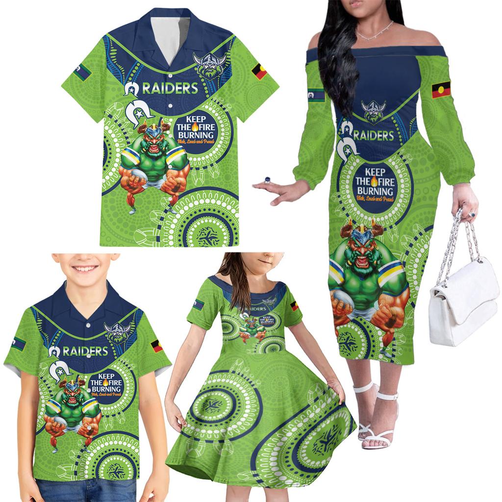 Custom NRL Raiders NAIDOC Week Family Matching Off The Shoulder Long Sleeve Dress and Hawaiian Shirt Keep The Fire Burning Indigenous Art