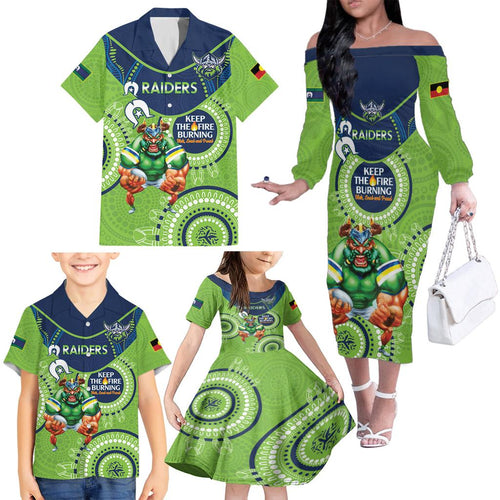Custom NRL Raiders NAIDOC Week Family Matching Off The Shoulder Long Sleeve Dress and Hawaiian Shirt Keep The Fire Burning Indigenous Art