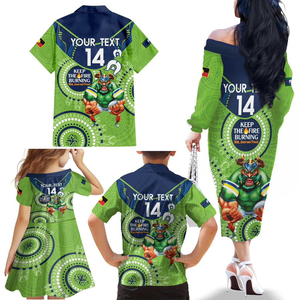 Custom NRL Raiders NAIDOC Week Family Matching Off The Shoulder Long Sleeve Dress and Hawaiian Shirt Keep The Fire Burning Indigenous Art