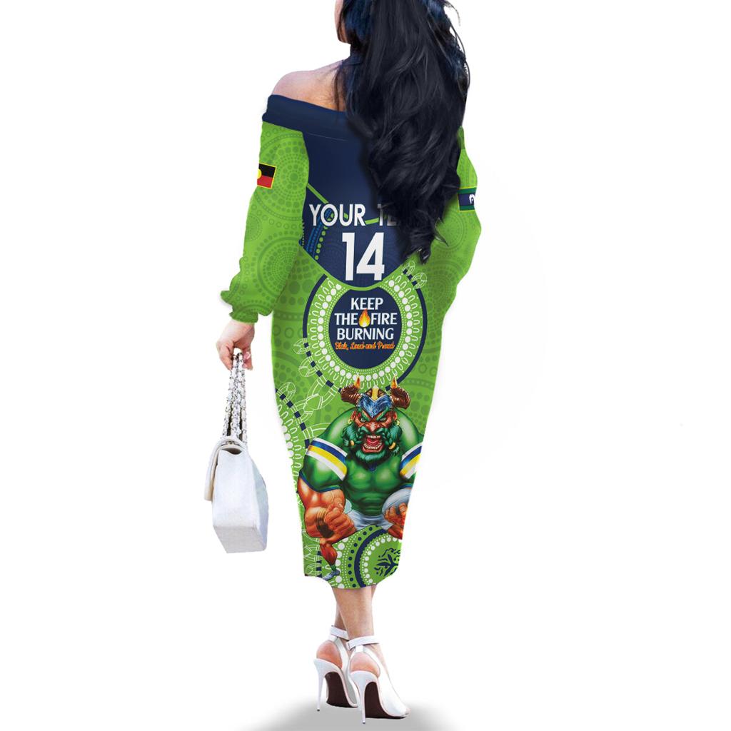 Custom NRL Raiders NAIDOC Week Family Matching Off The Shoulder Long Sleeve Dress and Hawaiian Shirt Keep The Fire Burning Indigenous Art