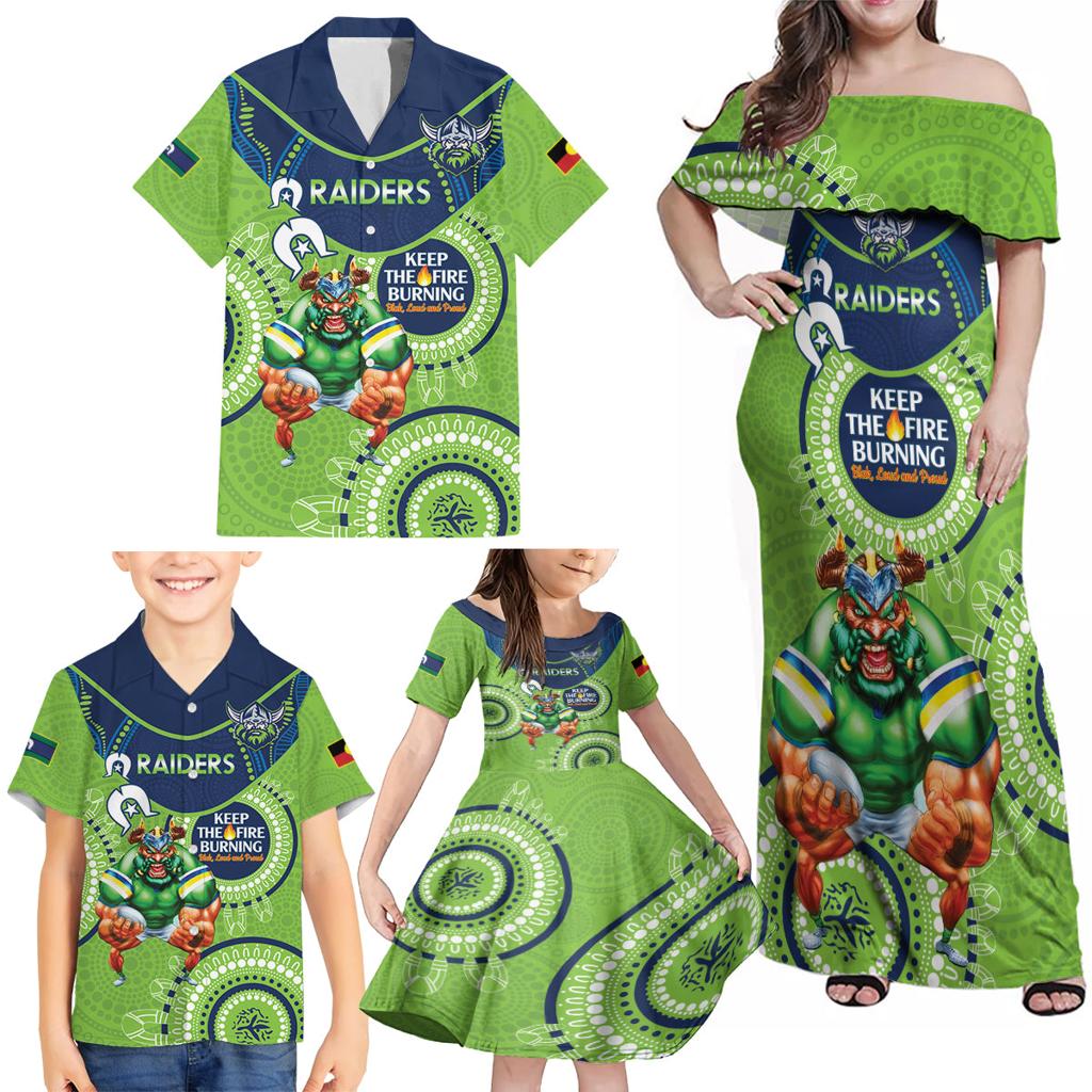 Custom NRL Raiders NAIDOC Week Family Matching Off Shoulder Maxi Dress and Hawaiian Shirt Keep The Fire Burning Indigenous Art