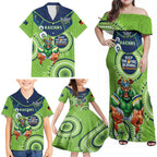 Custom NRL Raiders NAIDOC Week Family Matching Off Shoulder Maxi Dress and Hawaiian Shirt Keep The Fire Burning Indigenous Art