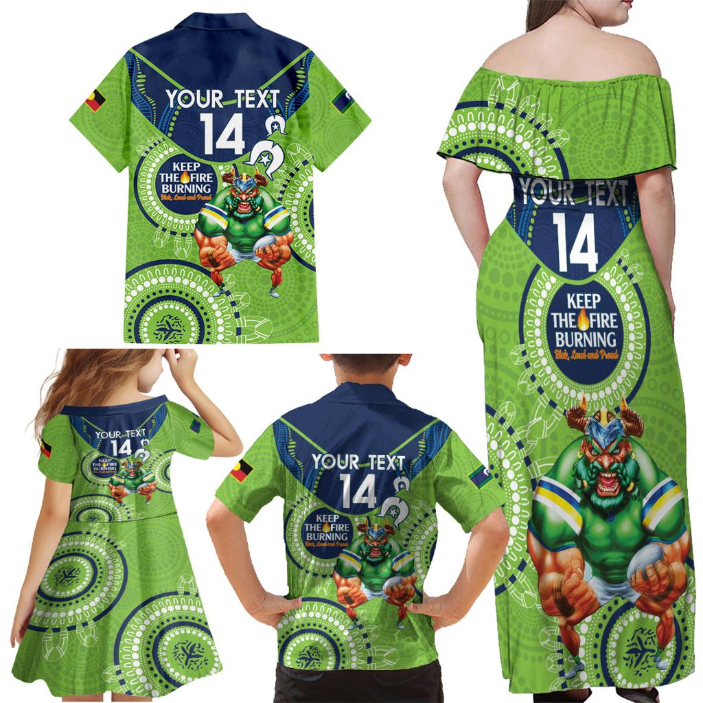 Custom NRL Raiders NAIDOC Week Family Matching Off Shoulder Maxi Dress and Hawaiian Shirt Keep The Fire Burning Indigenous Art