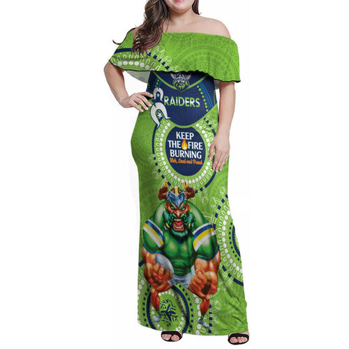 Custom NRL Raiders NAIDOC Week Family Matching Off Shoulder Maxi Dress and Hawaiian Shirt Keep The Fire Burning Indigenous Art