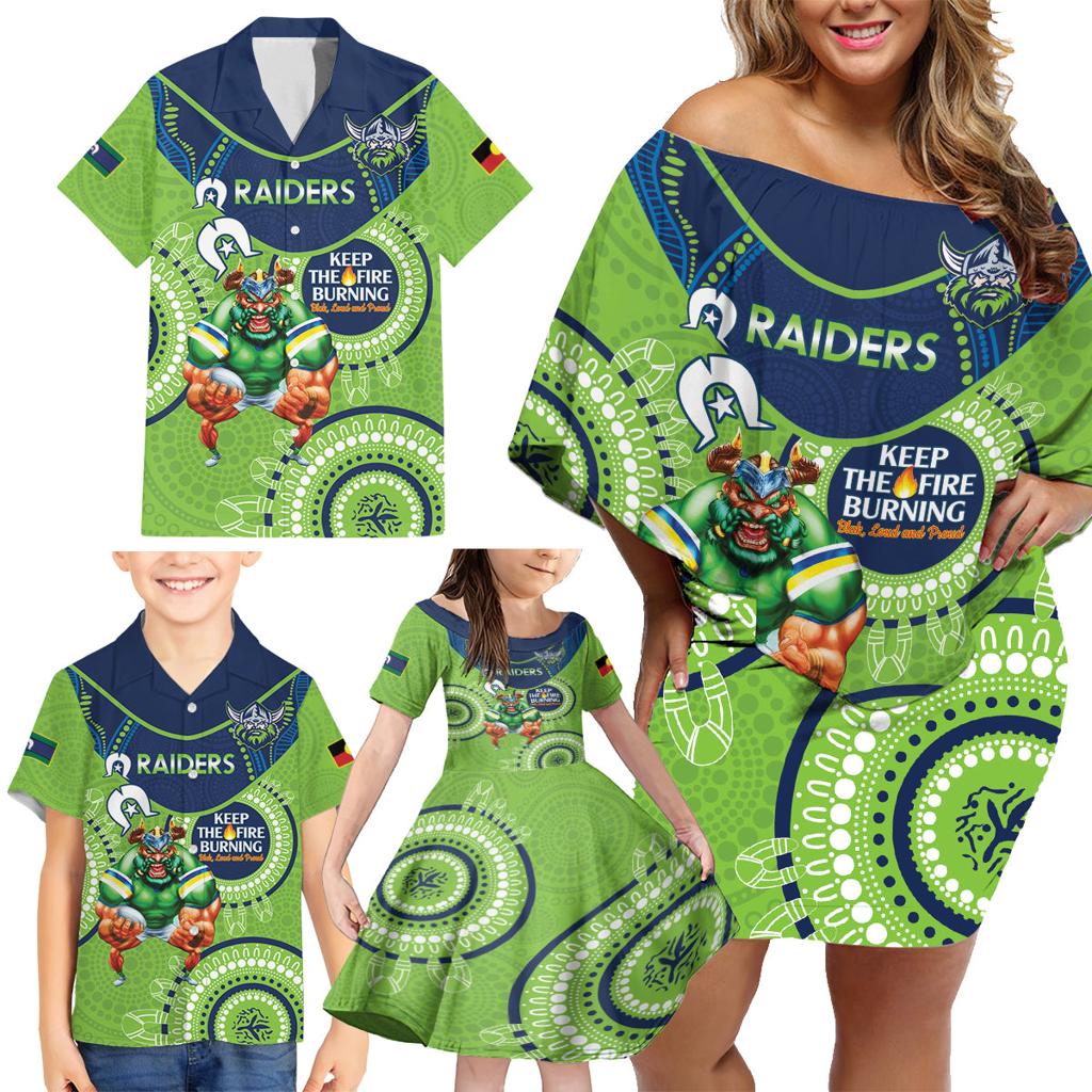 Custom NRL Raiders NAIDOC Week Family Matching Off Shoulder Short Dress and Hawaiian Shirt Keep The Fire Burning Indigenous Art