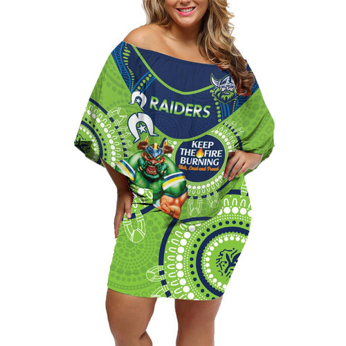 Custom NRL Raiders NAIDOC Week Family Matching Off Shoulder Short Dress and Hawaiian Shirt Keep The Fire Burning Indigenous Art