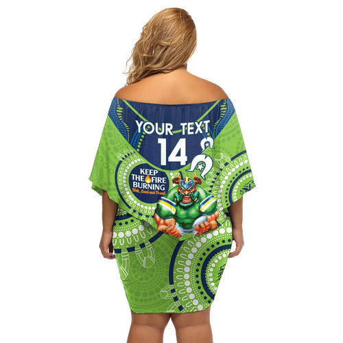 Custom NRL Raiders NAIDOC Week Family Matching Off Shoulder Short Dress and Hawaiian Shirt Keep The Fire Burning Indigenous Art