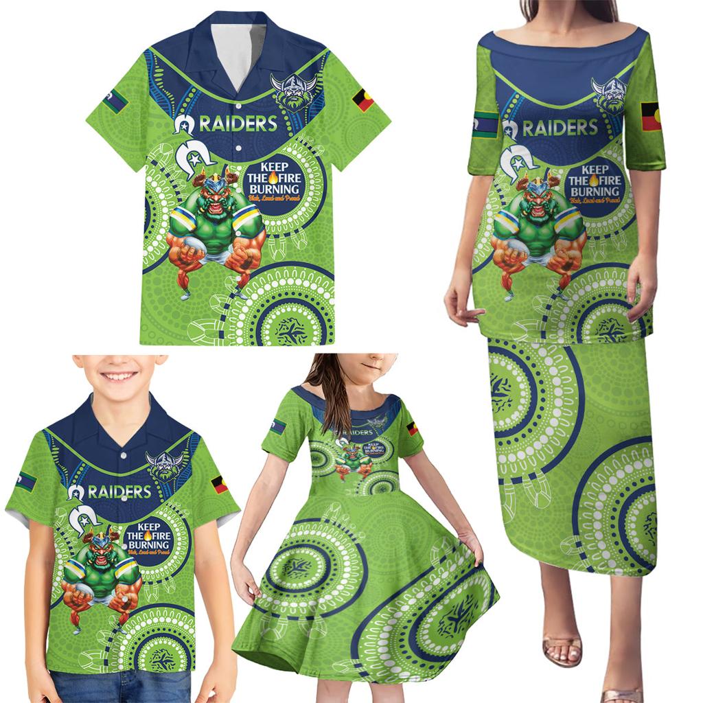 Custom NRL Raiders NAIDOC Week Family Matching Puletasi and Hawaiian Shirt Keep The Fire Burning Indigenous Art