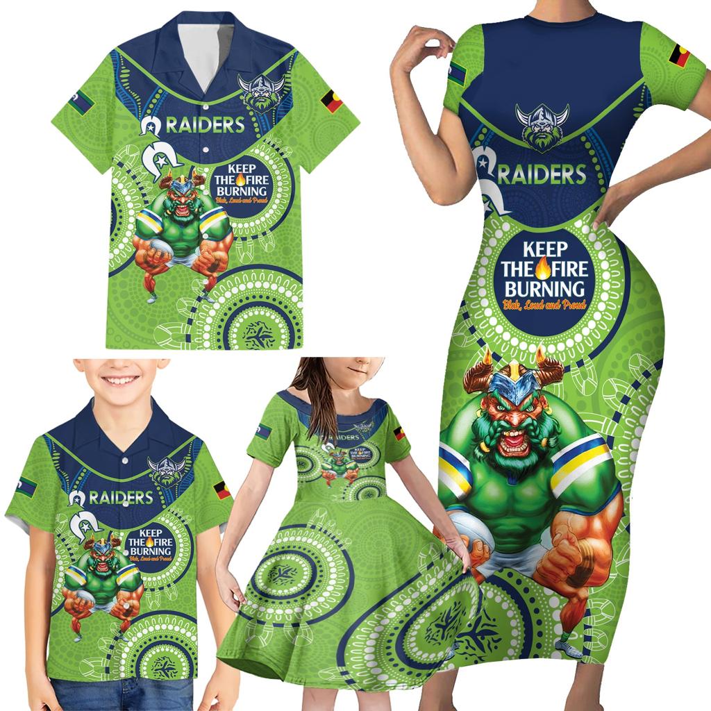 Custom NRL Raiders NAIDOC Week Family Matching Short Sleeve Bodycon Dress and Hawaiian Shirt Keep The Fire Burning Indigenous Art
