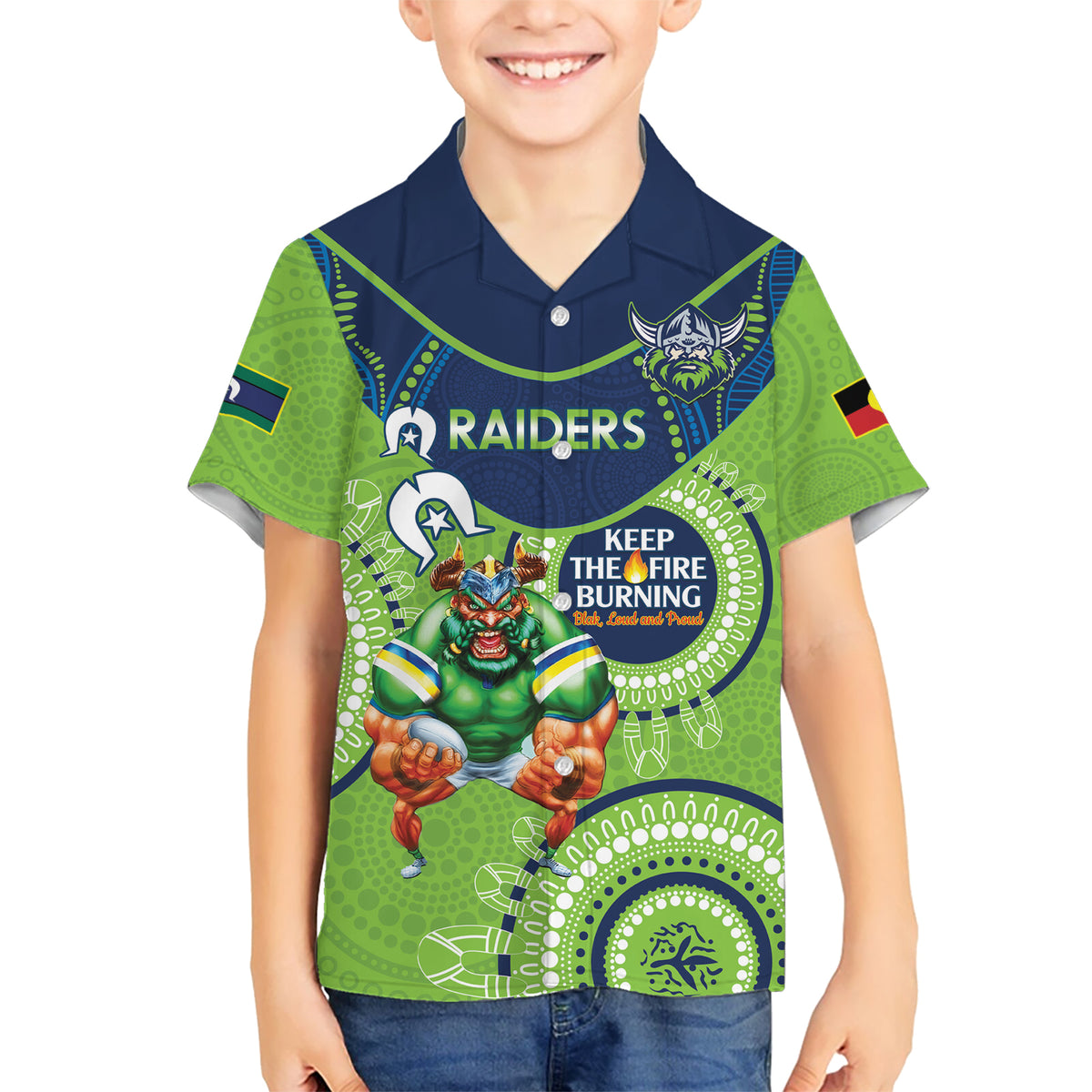 Custom NRL Raiders NAIDOC Week Kid Hawaiian Shirt Keep The Fire Burning Indigenous Art