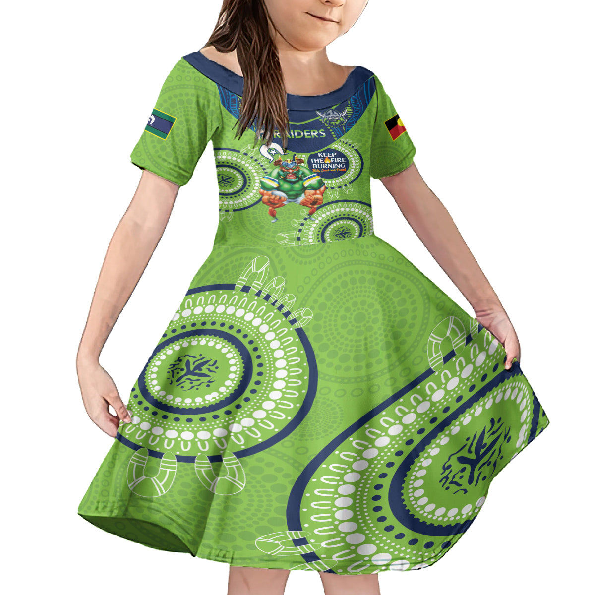 Custom NRL Raiders NAIDOC Week Kid Short Sleeve Dress Keep The Fire Burning Indigenous Art