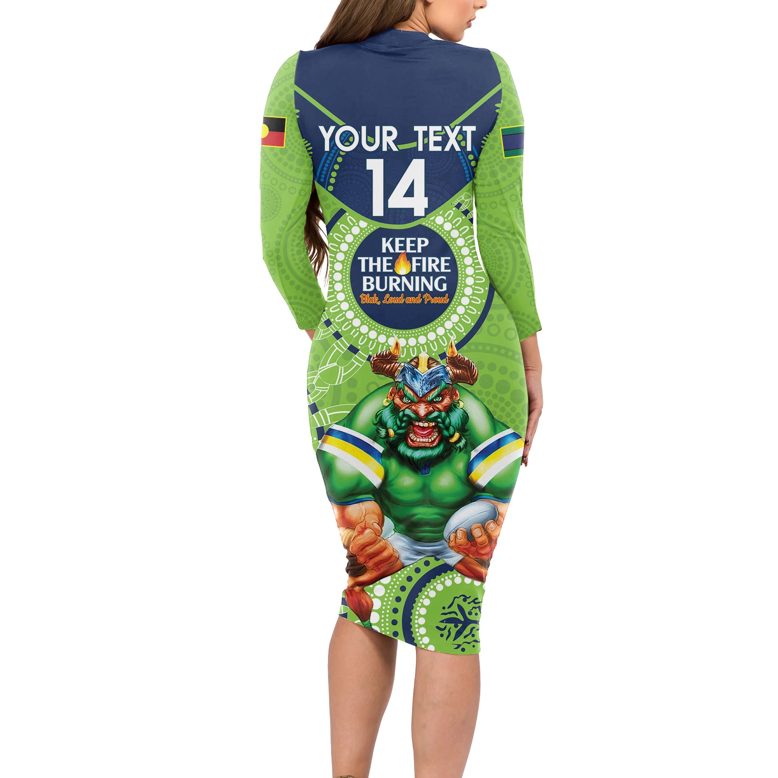 Custom NRL Raiders NAIDOC Week Long Sleeve Bodycon Dress Keep The Fire Burning Indigenous Art