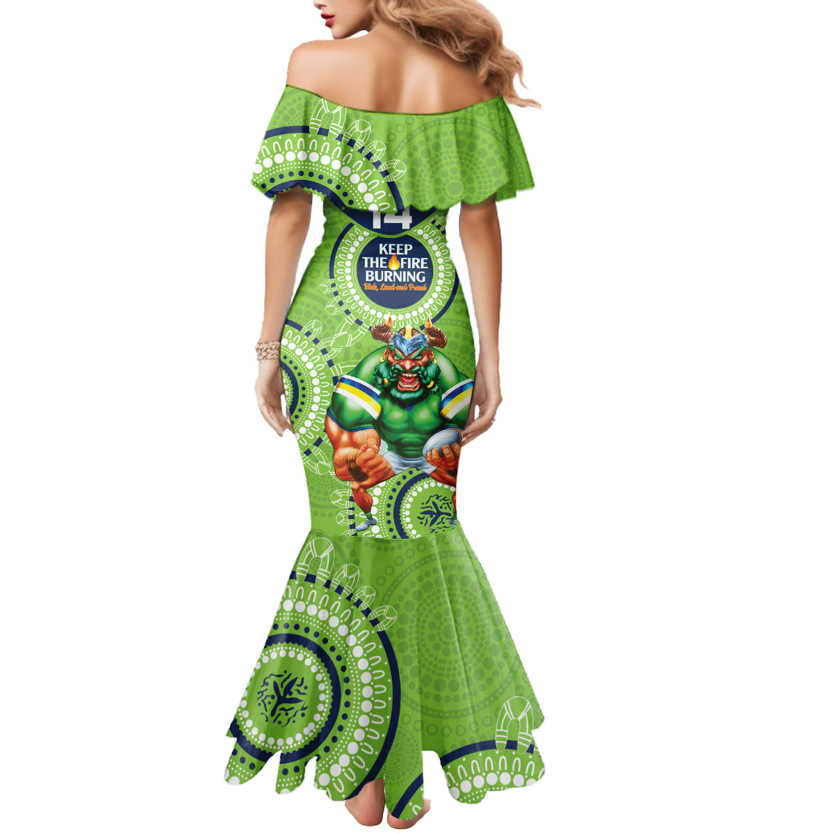 Custom NRL Raiders NAIDOC Week Mermaid Dress Keep The Fire Burning Indigenous Art