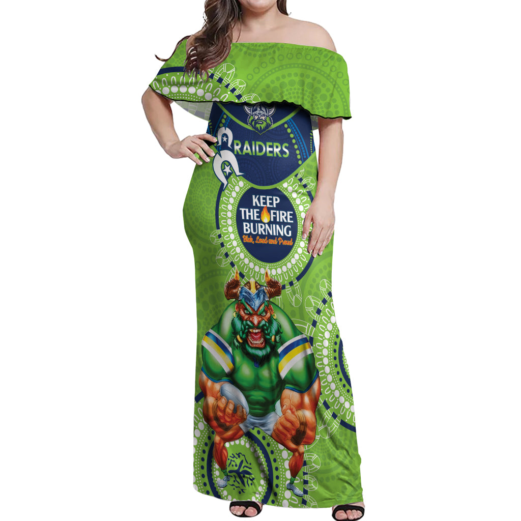 Custom NRL Raiders NAIDOC Week Off Shoulder Maxi Dress Keep The Fire Burning Indigenous Art
