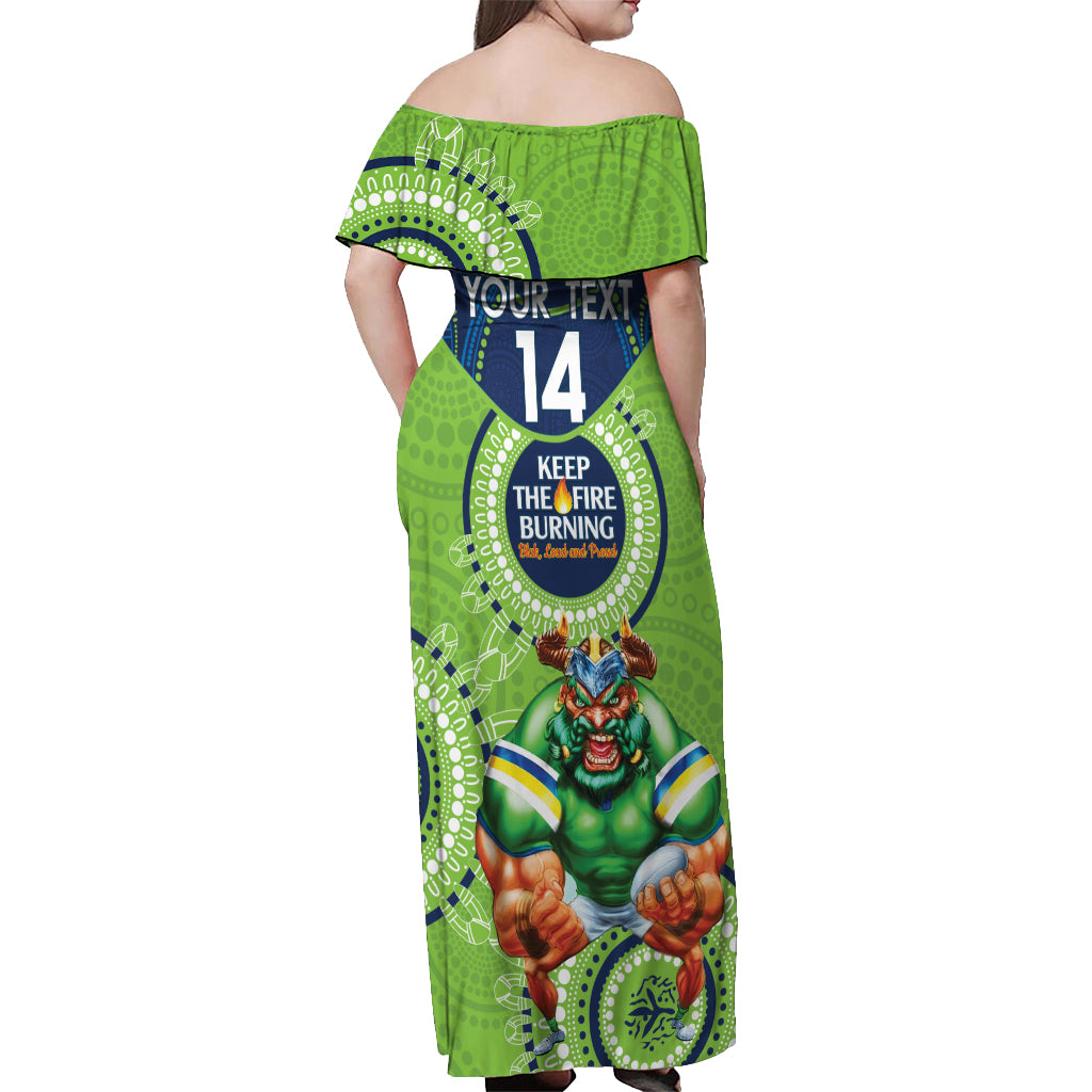 Custom NRL Raiders NAIDOC Week Off Shoulder Maxi Dress Keep The Fire Burning Indigenous Art