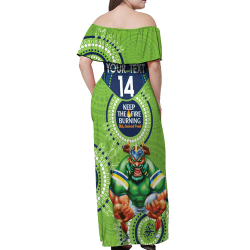 Custom NRL Raiders NAIDOC Week Off Shoulder Maxi Dress Keep The Fire Burning Indigenous Art