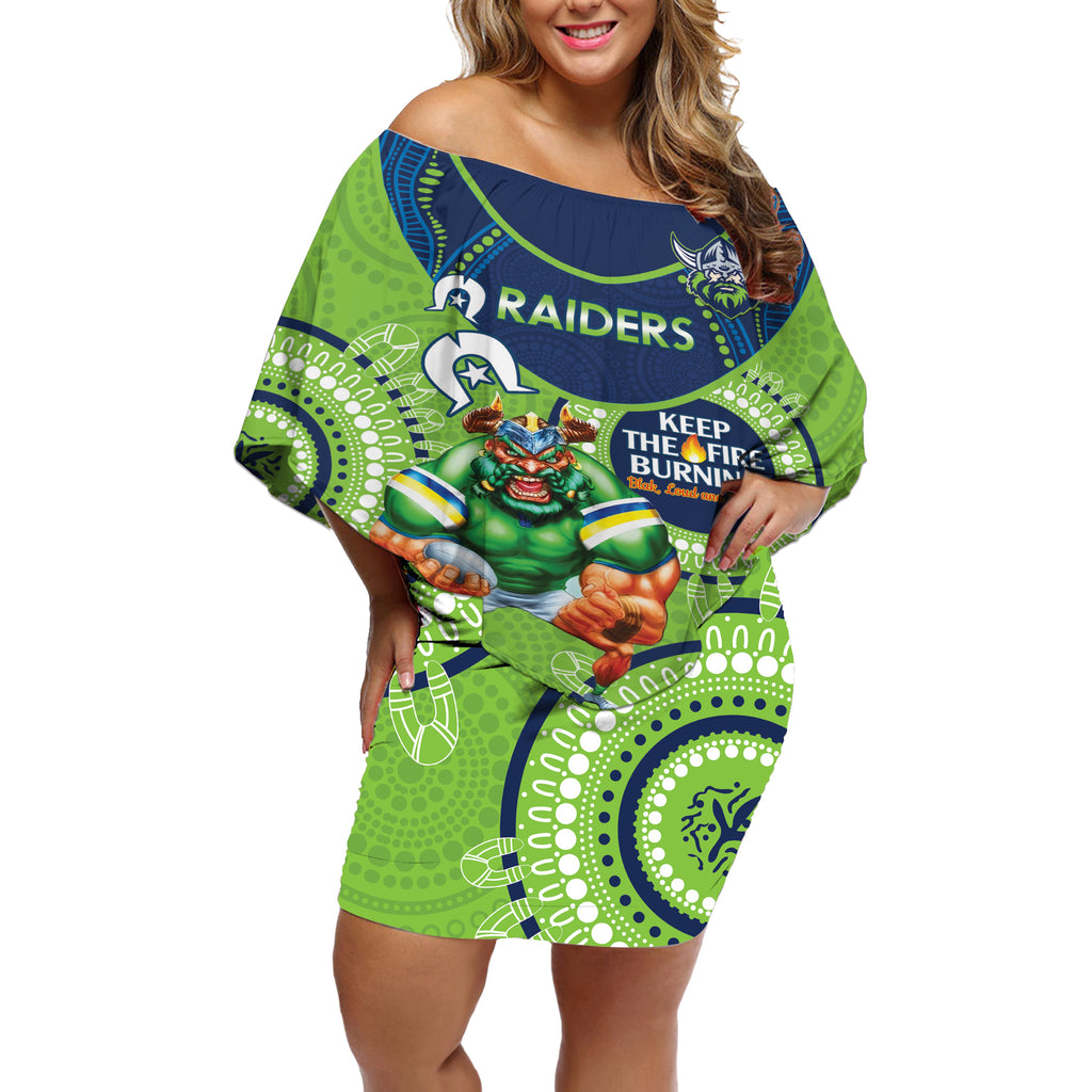 Custom NRL Raiders NAIDOC Week Off Shoulder Short Dress Keep The Fire Burning Indigenous Art