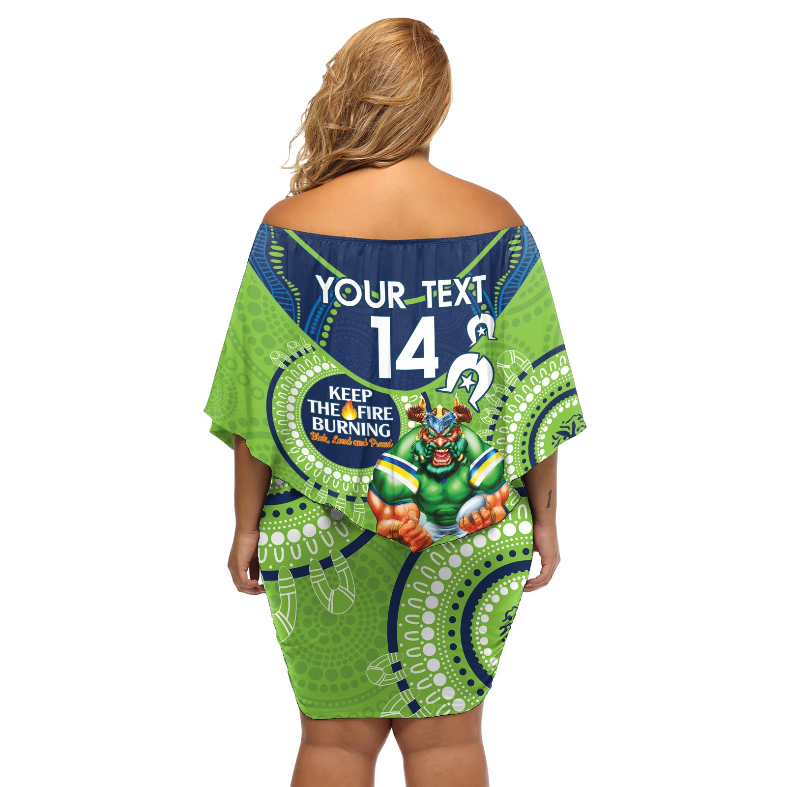 Custom NRL Raiders NAIDOC Week Off Shoulder Short Dress Keep The Fire Burning Indigenous Art