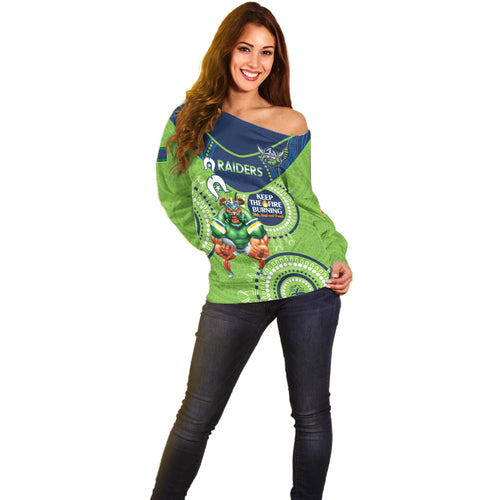 Custom NRL Raiders NAIDOC Week Off Shoulder Sweater Keep The Fire Burning Indigenous Art