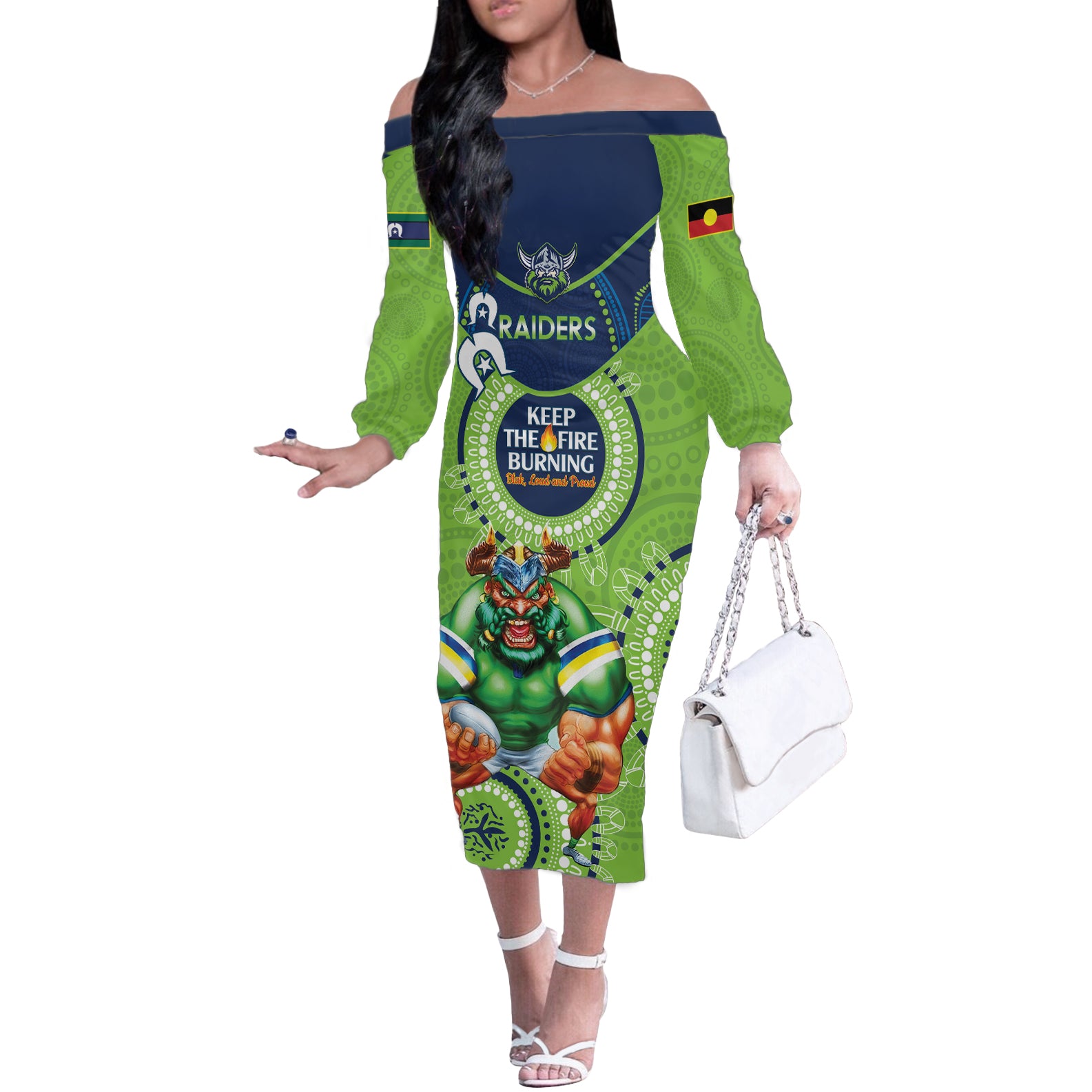Custom NRL Raiders NAIDOC Week Off The Shoulder Long Sleeve Dress Keep The Fire Burning Indigenous Art