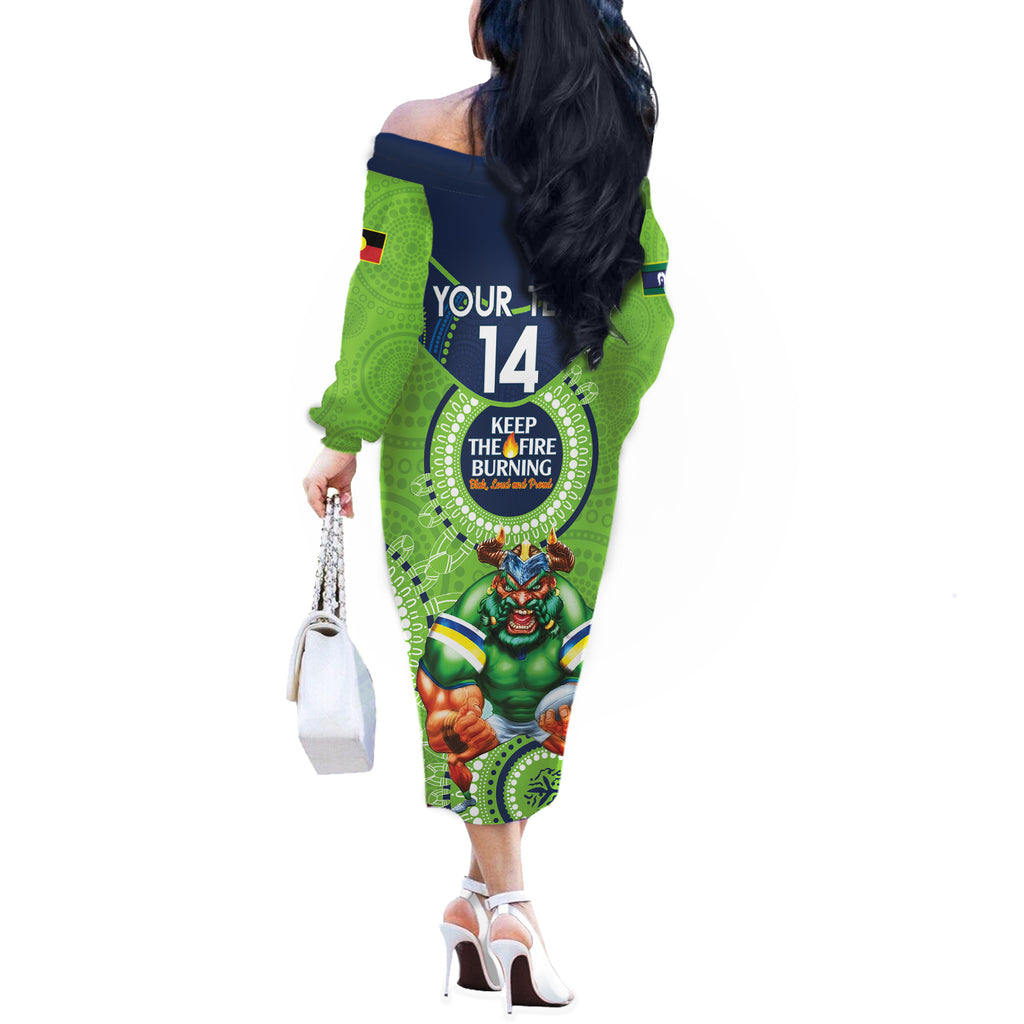 Custom NRL Raiders NAIDOC Week Off The Shoulder Long Sleeve Dress Keep The Fire Burning Indigenous Art