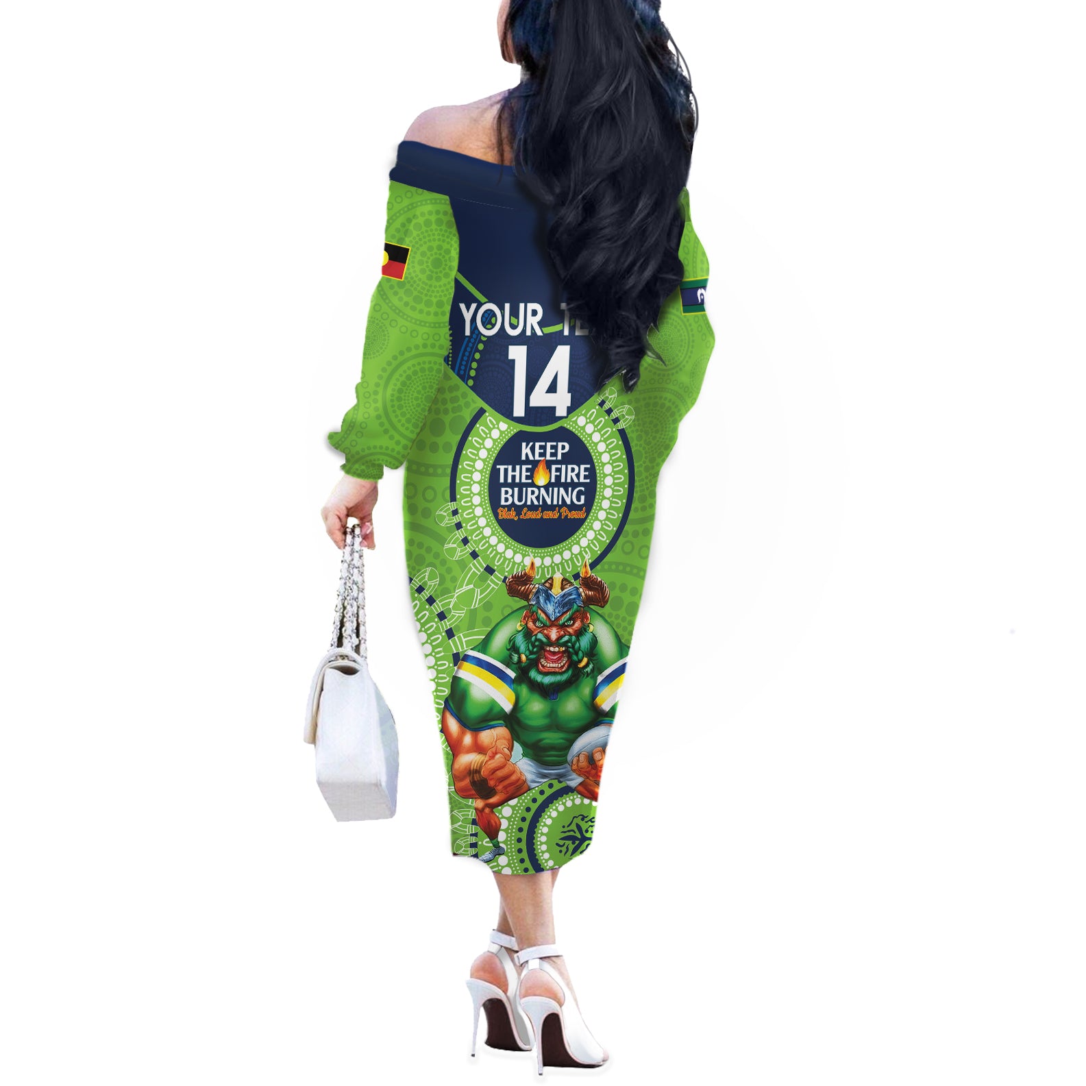 Custom NRL Raiders NAIDOC Week Off The Shoulder Long Sleeve Dress Keep The Fire Burning Indigenous Art
