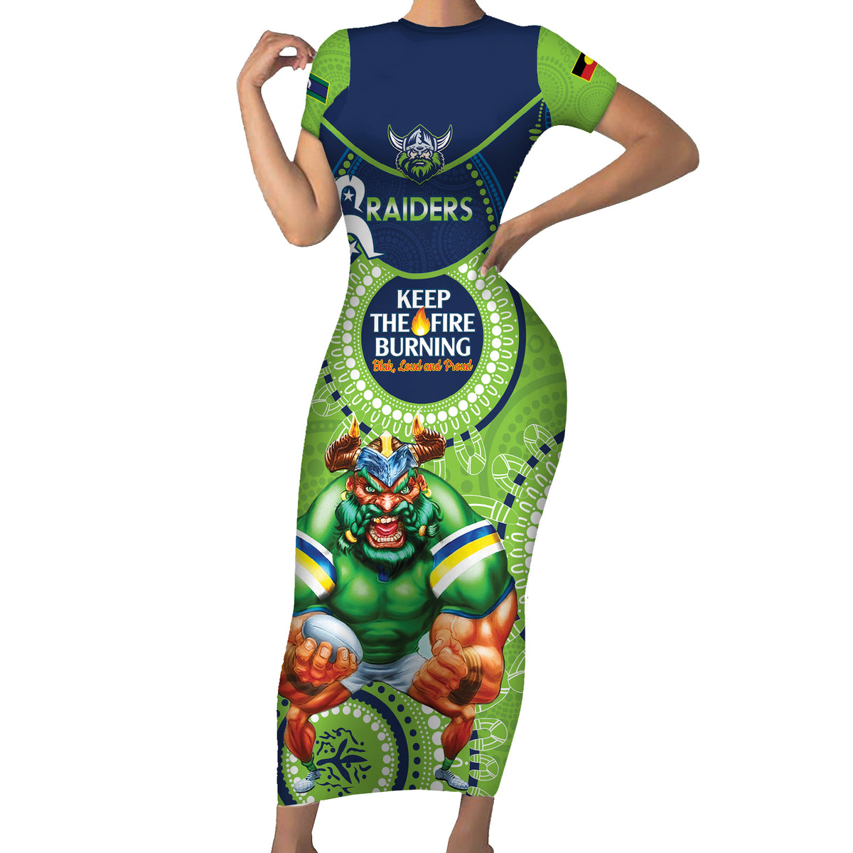 Custom NRL Raiders NAIDOC Week Short Sleeve Bodycon Dress Keep The Fire Burning Indigenous Art