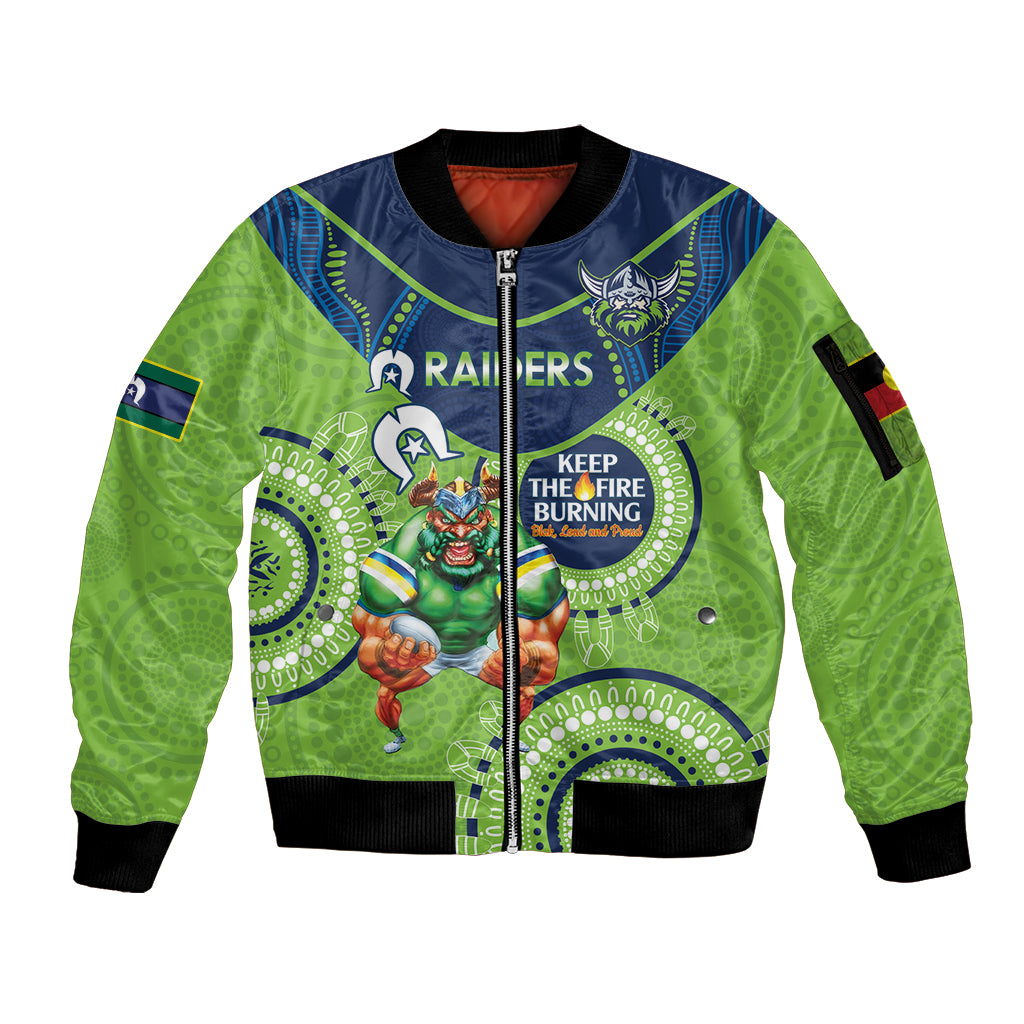 Custom NRL Raiders NAIDOC Week Sleeve Zip Bomber Jacket Keep The Fire Burning Indigenous Art