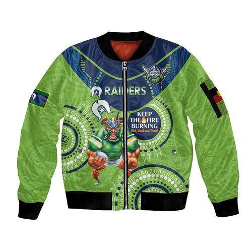 Custom NRL Raiders NAIDOC Week Sleeve Zip Bomber Jacket Keep The Fire Burning Indigenous Art