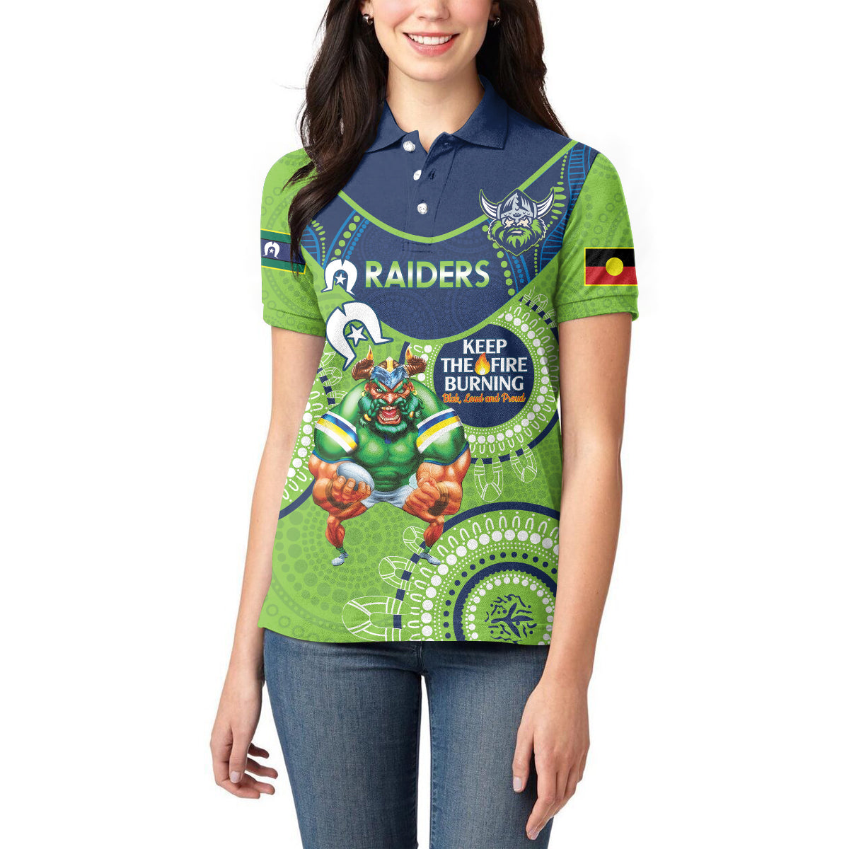 Custom NRL Raiders NAIDOC Week Women Polo Shirt Keep The Fire Burning Indigenous Art