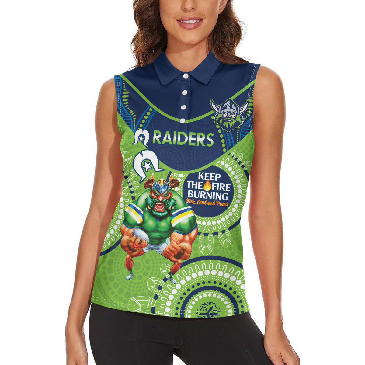 Custom NRL Raiders NAIDOC Week Women Sleeveless Polo Shirt Keep The Fire Burning Indigenous Art